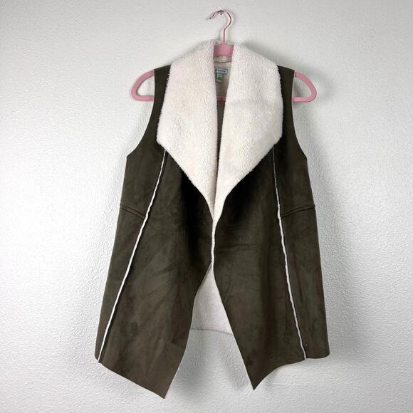 Susina Sherpa Lined Faux Suede Drape Vest Women’s Small Olive Brown - Picture 2 of 6